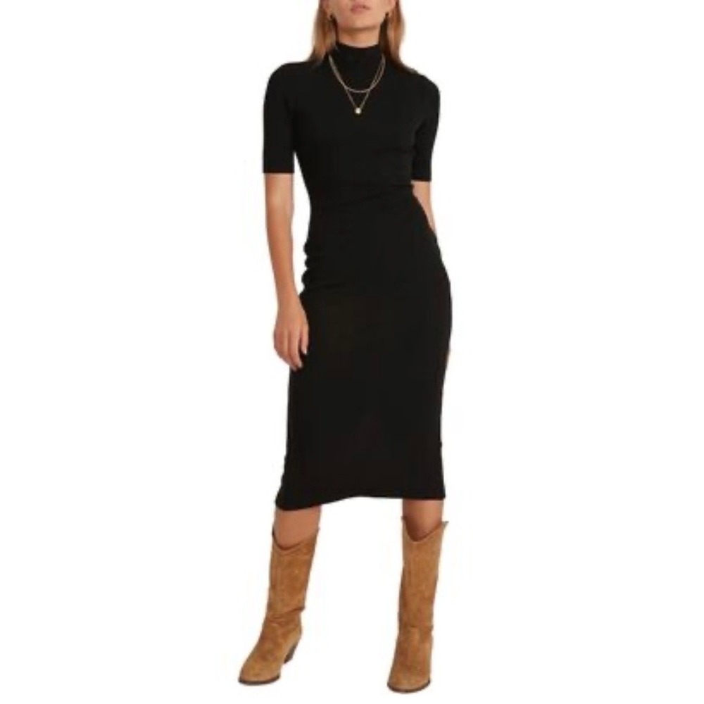 Marine Layer Lexi Rib Mock Neck Midi Dress Womens XS Black Short Sleeve Slit